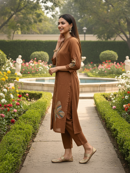 Solid Embroidered A-Line Kurta with Palazzo - Brown