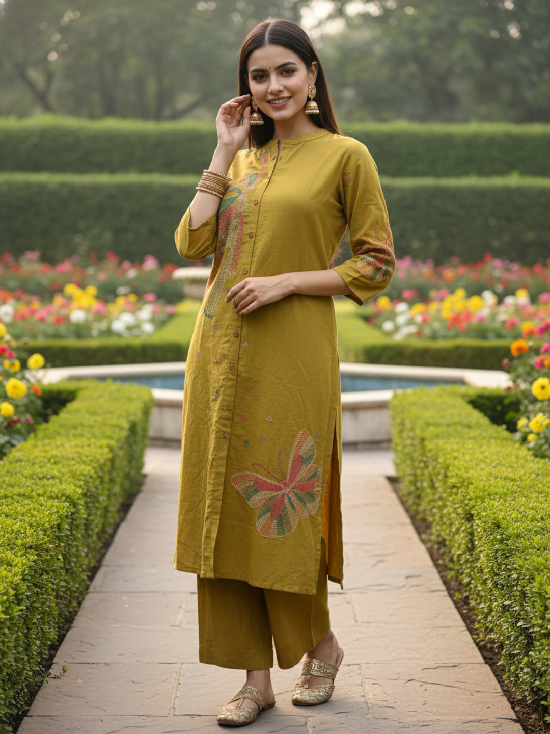 Butterfly Print Straight Kurta with Pant - Mustard Olive