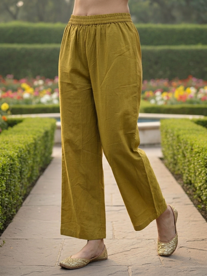 Butterfly Print Straight Kurta with Pant - Mustard Olive