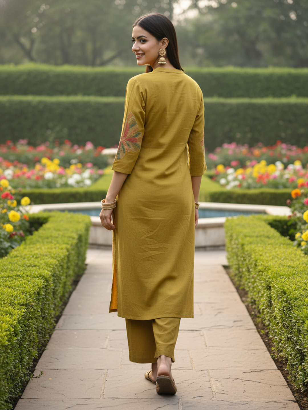 Butterfly Print Straight Kurta with Pant - Mustard Olive