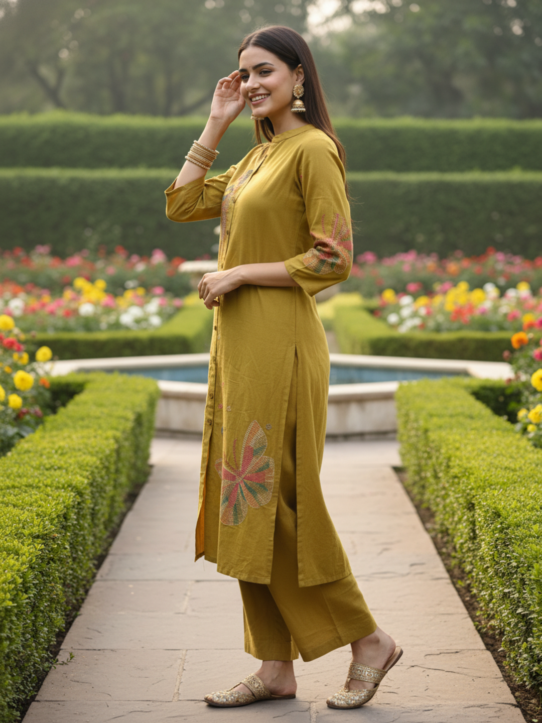 Butterfly Print Straight Kurta with Pant - Mustard Olive