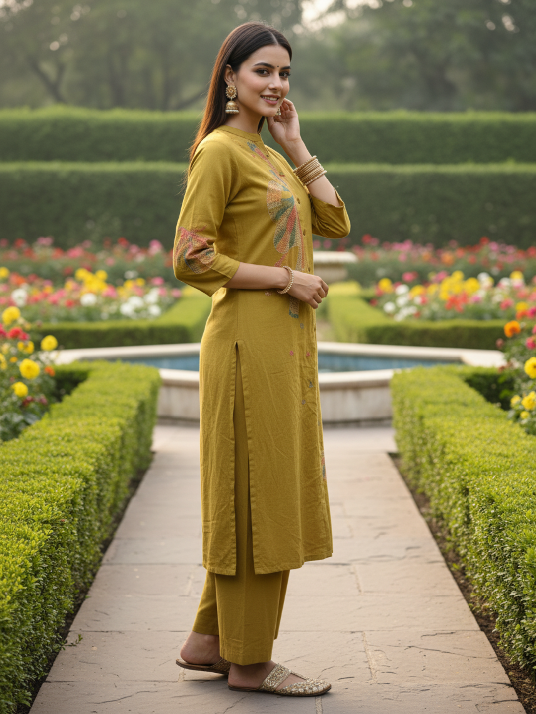 Butterfly Print Straight Kurta with Pant - Mustard Olive