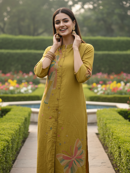 Butterfly Print Straight Kurta with Pant - Mustard Olive