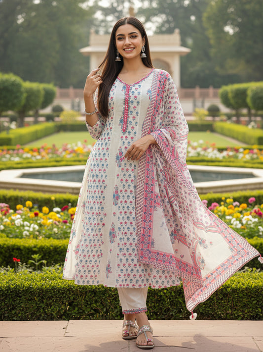Floral Printed & Mirror Work Anarkali Kurta with Pant & Dupatta - Beige