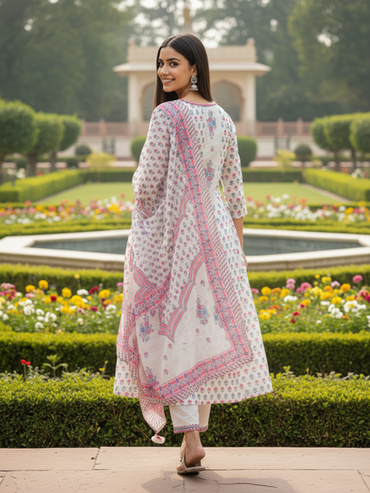 Floral Printed & Mirror Work Anarkali Kurta with Pant & Dupatta - Beige