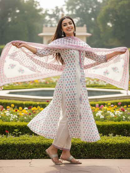 Floral Printed & Mirror Work Anarkali Kurta with Pant & Dupatta - Beige
