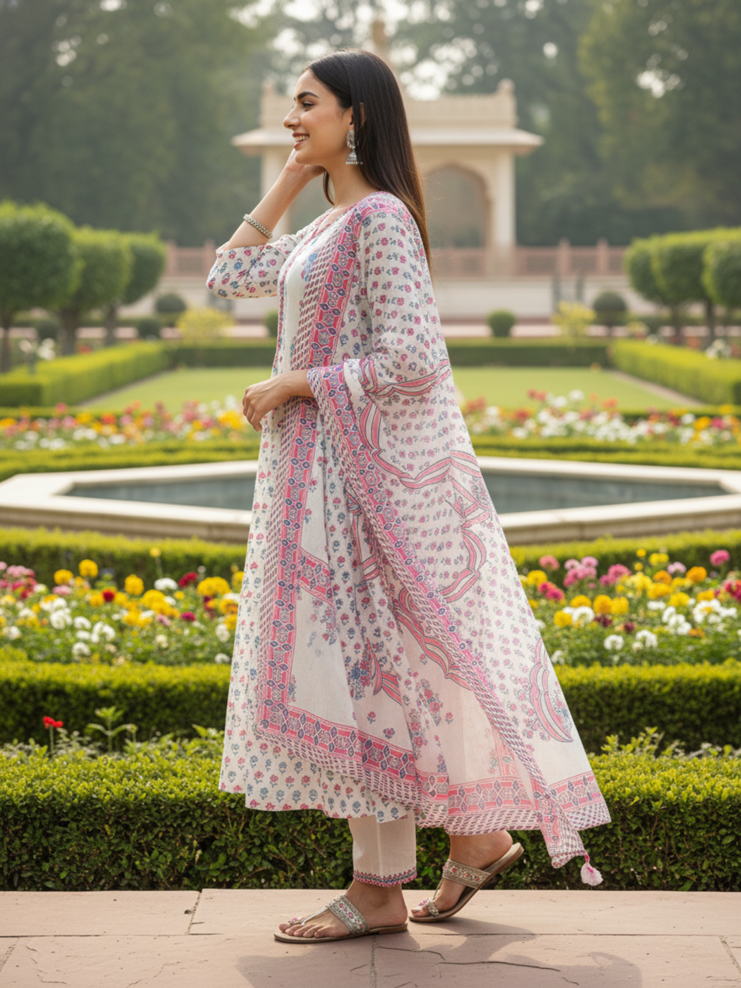 Floral Printed & Mirror Work Anarkali Kurta with Pant & Dupatta - Beige