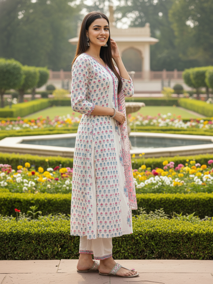 Floral Printed & Mirror Work Anarkali Kurta with Pant & Dupatta - Beige