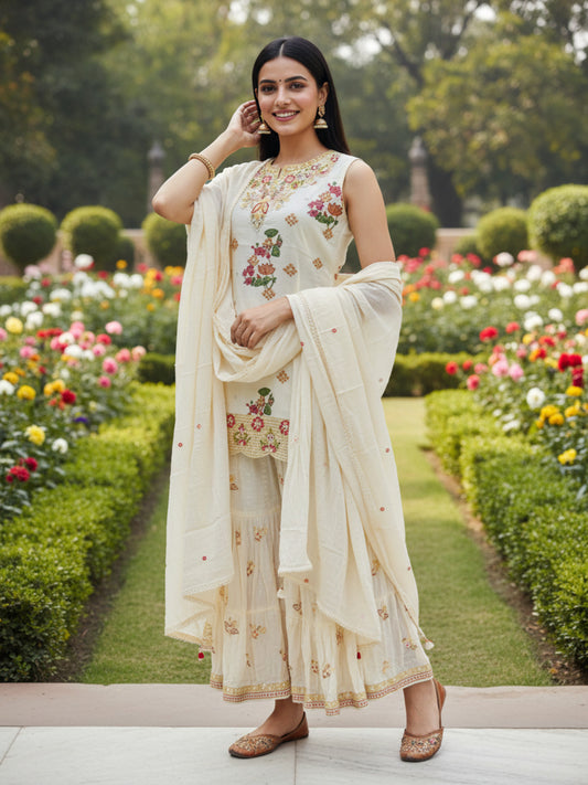 Printed Mirror Work Embroidered Kurta with Tiered Skirt & Dupatta - Cream