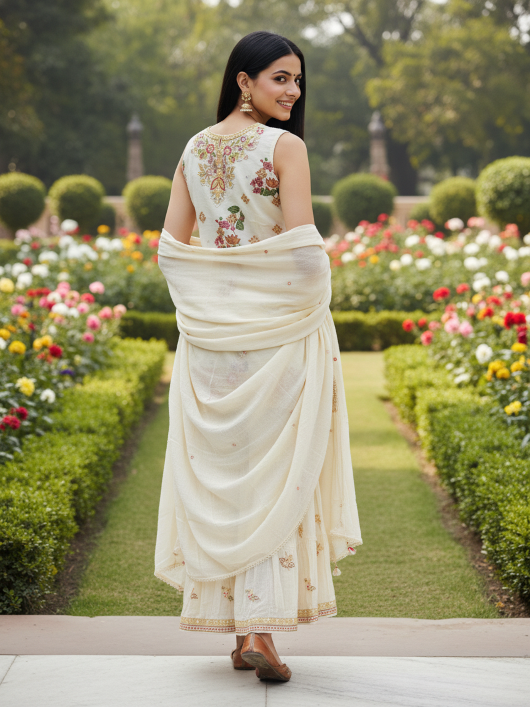 Printed Mirror Work Embroidered Kurta with Tiered Skirt & Dupatta - Cream