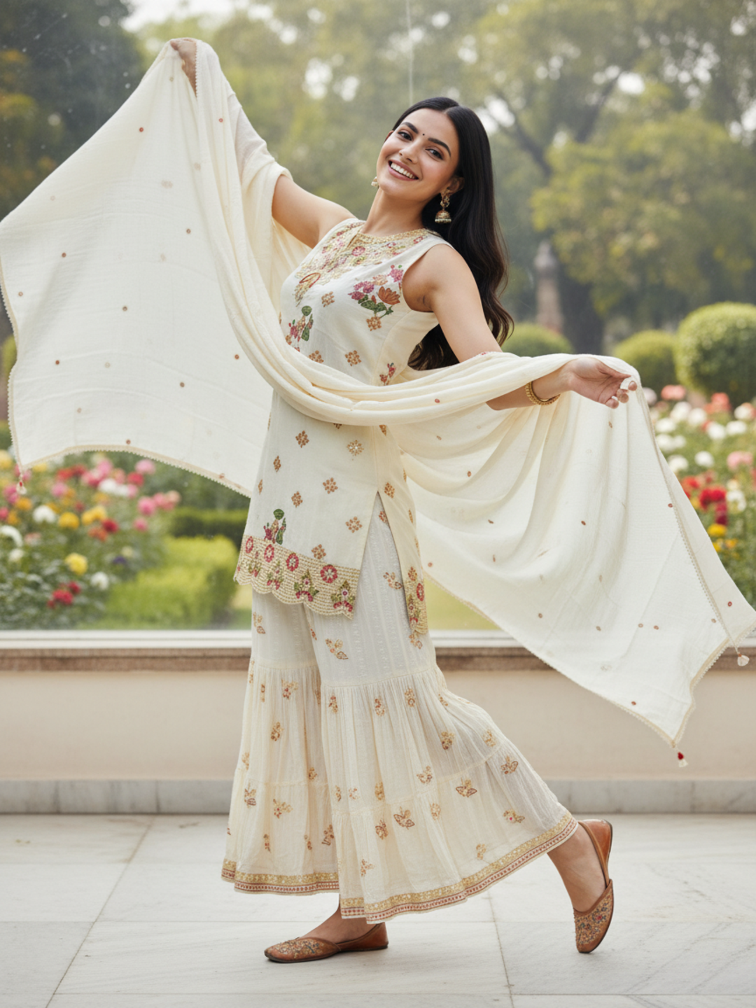 Printed Mirror Work Embroidered Kurta with Tiered Skirt & Dupatta - Cream