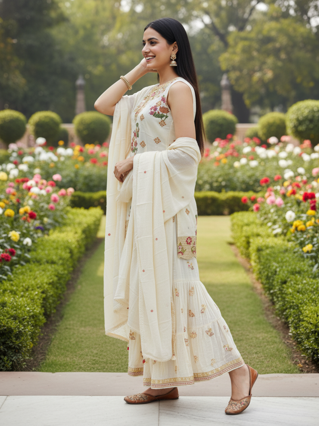 Printed Mirror Work Embroidered Kurta with Tiered Skirt & Dupatta - Cream