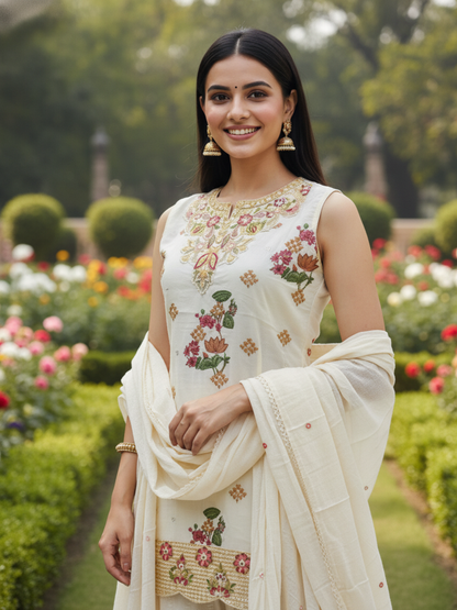 Printed Mirror Work Embroidered Kurta with Tiered Skirt & Dupatta - Cream
