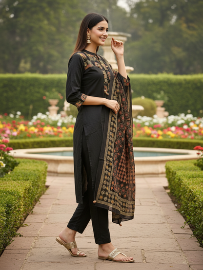 Solid Printed Yoke Straight Kurta with Pant & Dupatta - Black