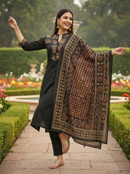 Solid Printed Yoke Straight Kurta with Pant & Dupatta - Black