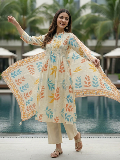 Floral Leaf Printed A-Line Kurta with Palazzo & Dupatta - Cream