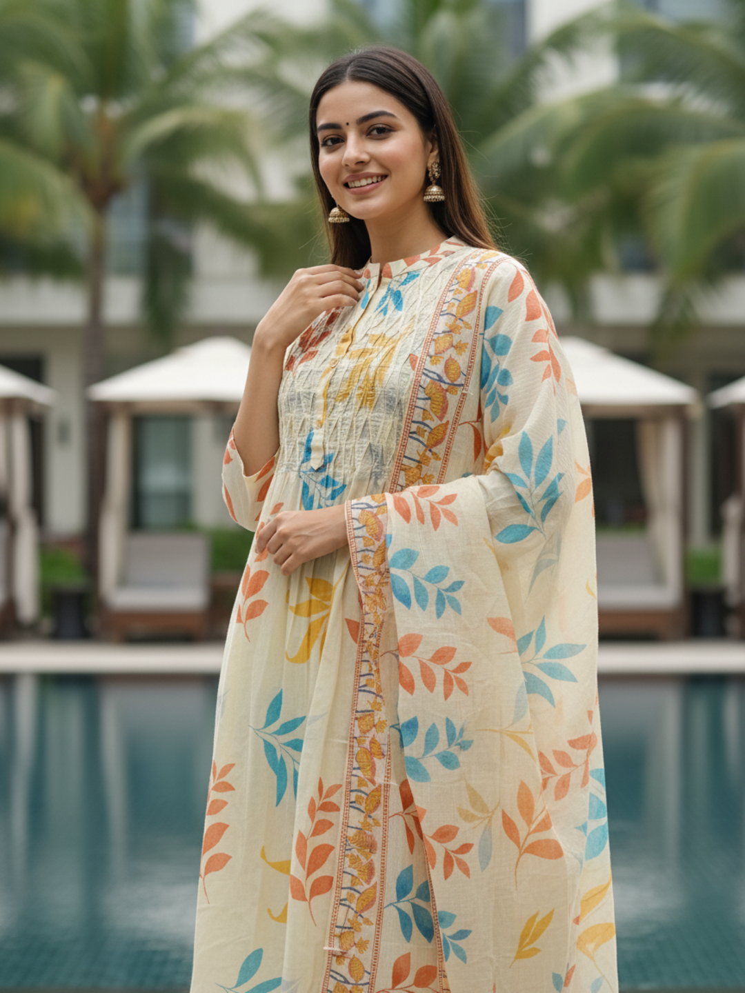 Floral Leaf Printed A-Line Kurta with Palazzo & Dupatta - Cream