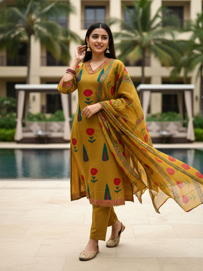 Mughal Floral Printed & Lace A-Line Kurta with Pant & Dupatta - Mustard