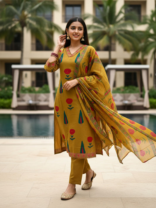 Mughal Floral Printed & Lace A-Line Kurta with Pant & Dupatta - Mustard