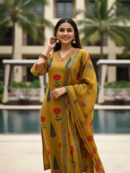 Mughal Floral Printed & Lace A-Line Kurta with Pant & Dupatta - Mustard