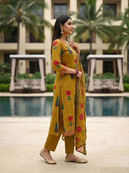 Mughal Floral Printed & Lace A-Line Kurta with Pant & Dupatta - Mustard