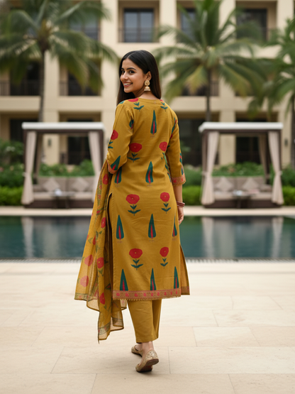 Mughal Floral Printed & Lace A-Line Kurta with Pant & Dupatta - Mustard
