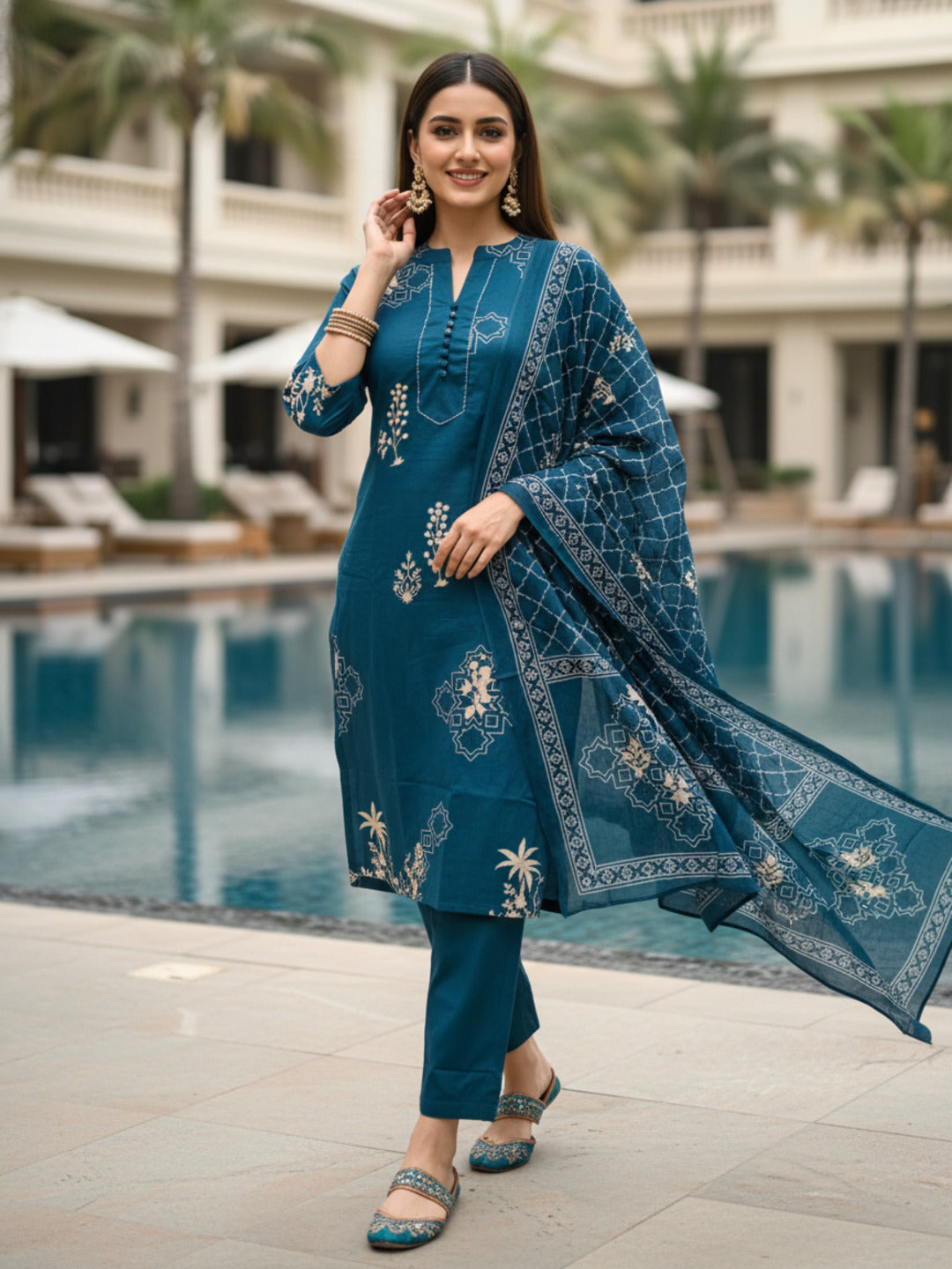 Ethnic Printed & Embroidered Straight Kurta with Pant & Dupatta - Blue