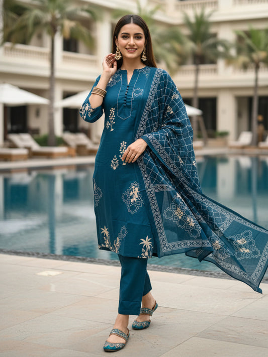 Ethnic Printed & Embroidered Straight Kurta with Pant & Dupatta - Blue