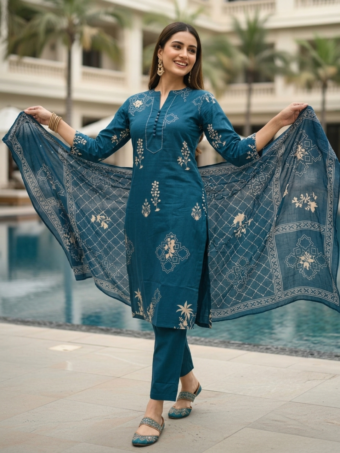 Ethnic Printed & Embroidered Straight Kurta with Pant & Dupatta - Blue