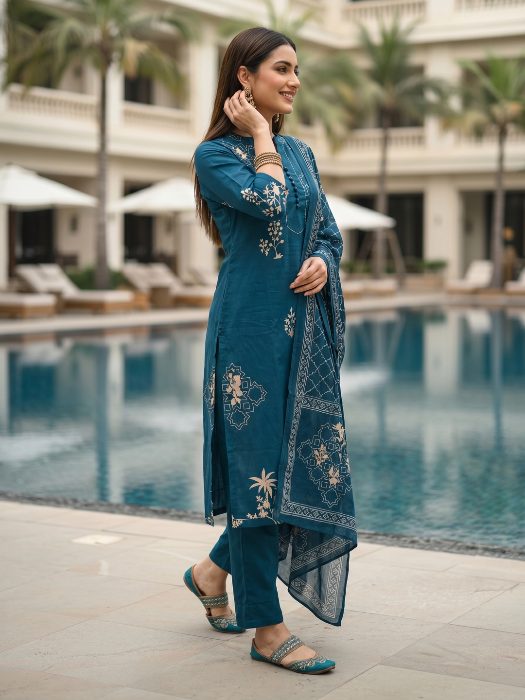 Ethnic Printed & Embroidered Straight Kurta with Pant & Dupatta - Blue