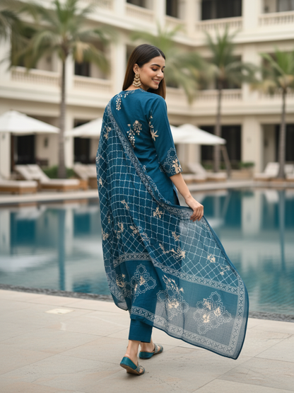 Ethnic Printed & Embroidered Straight Kurta with Pant & Dupatta - Blue