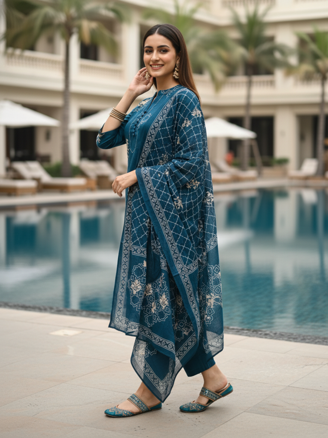Ethnic Printed & Embroidered Straight Kurta with Pant & Dupatta - Blue