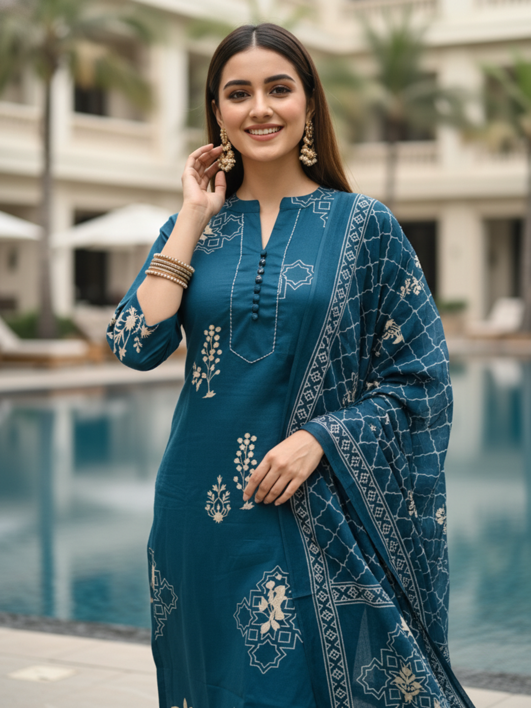 Ethnic Printed & Embroidered Straight Kurta with Pant & Dupatta - Blue