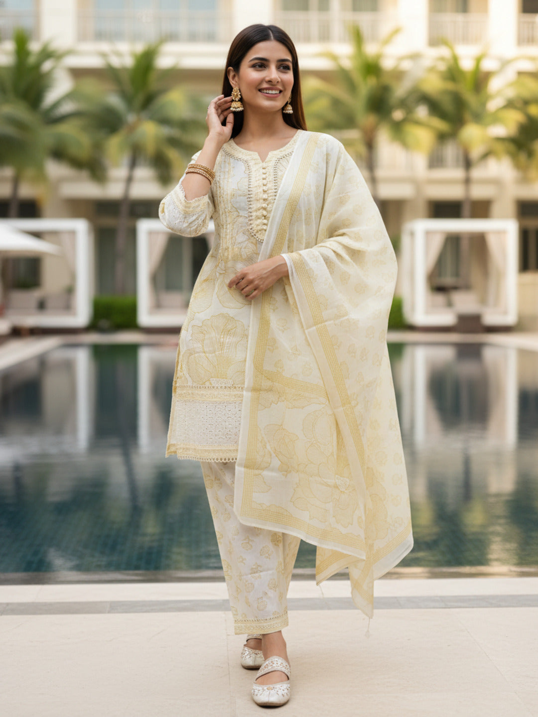 Floral Printed Schiffili & Lace Straight Kurta with Pant & Dupatta - Yellow