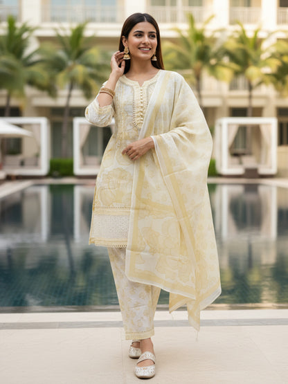 Floral Printed Schiffili & Lace Straight Kurta with Pant & Dupatta - Yellow