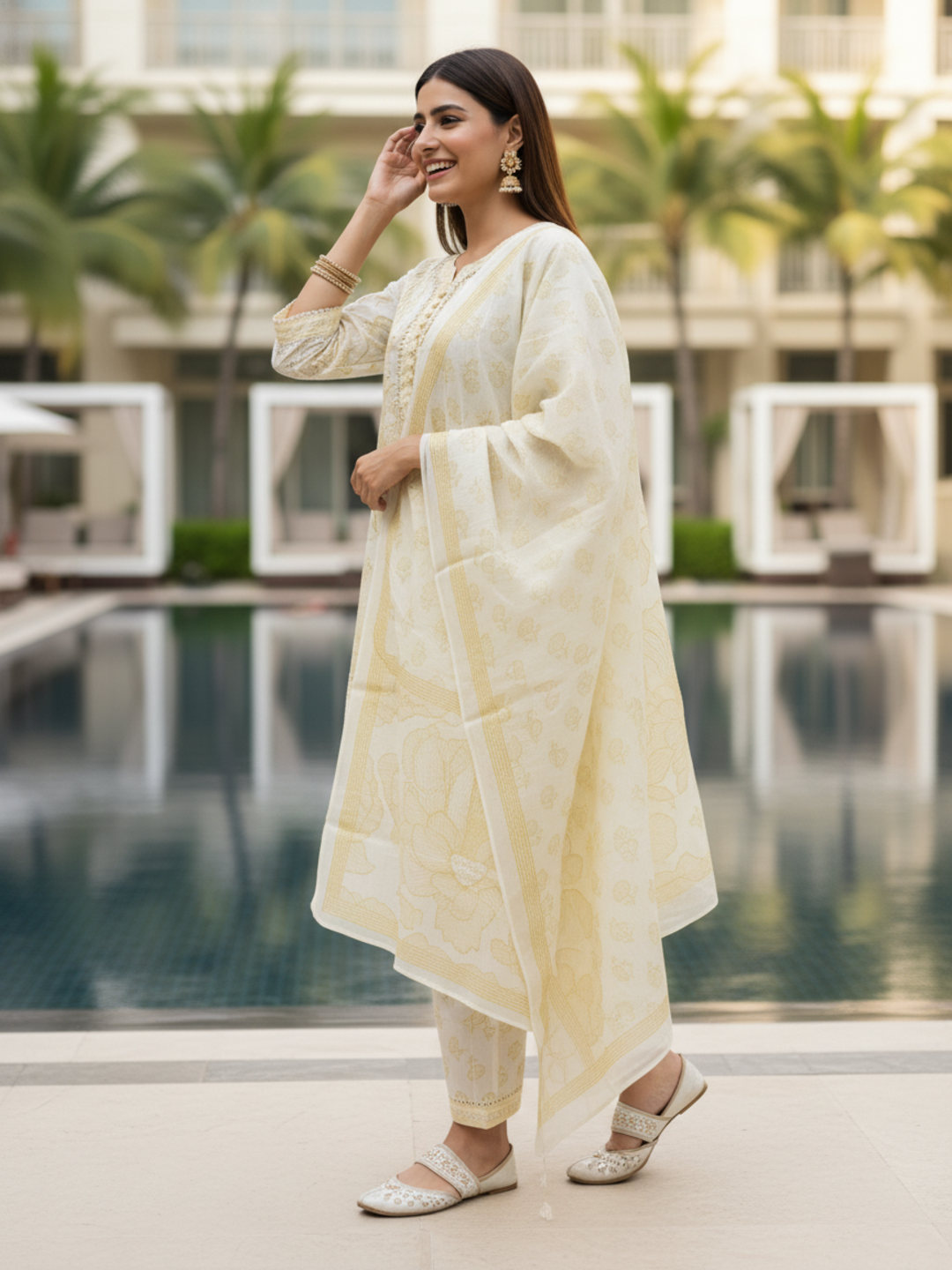 Floral Printed Schiffili & Lace Straight Kurta with Pant & Dupatta - Yellow