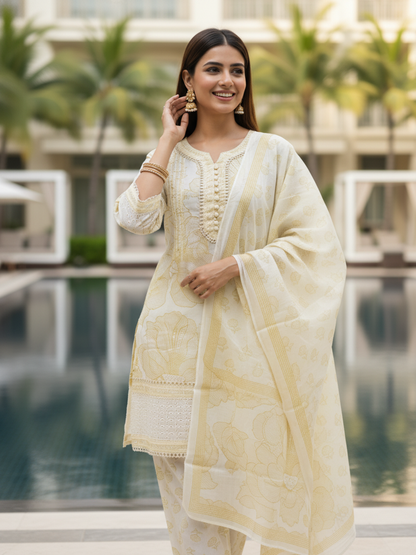 Floral Printed Schiffili & Lace Straight Kurta with Pant & Dupatta - Yellow