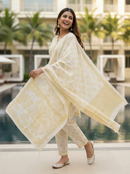 Floral Printed Schiffili & Lace Straight Kurta with Pant & Dupatta - Yellow