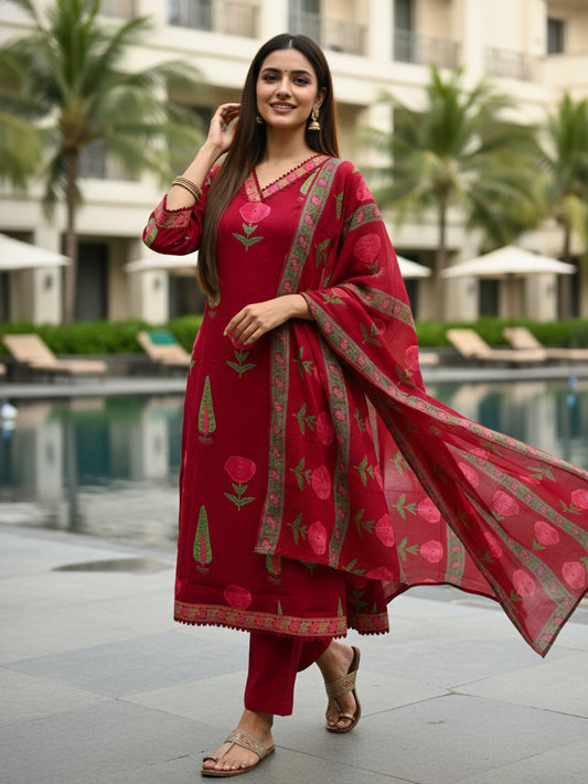 Floral Printed & Crochet Lace Anarkali Kurta with Pant & Dupatta - Maroon