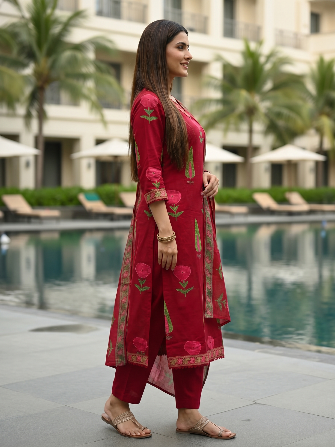 Floral Printed & Crochet Lace Anarkali Kurta with Pant & Dupatta - Maroon