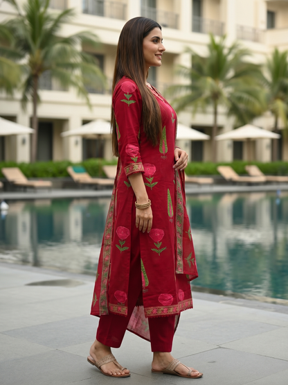 Floral Printed & Crochet Lace Anarkali Kurta with Pant & Dupatta - Maroon