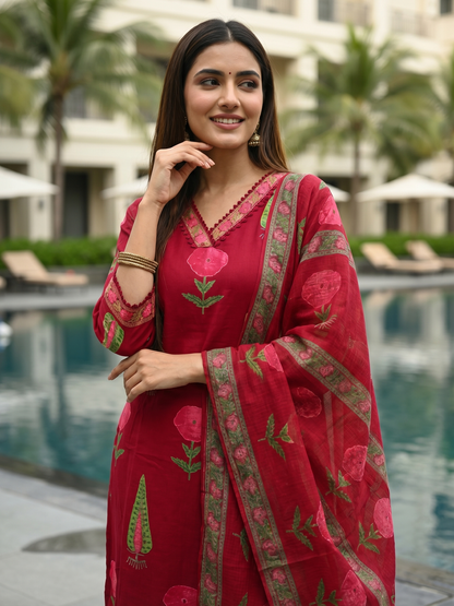 Floral Printed & Crochet Lace Anarkali Kurta with Pant & Dupatta - Maroon