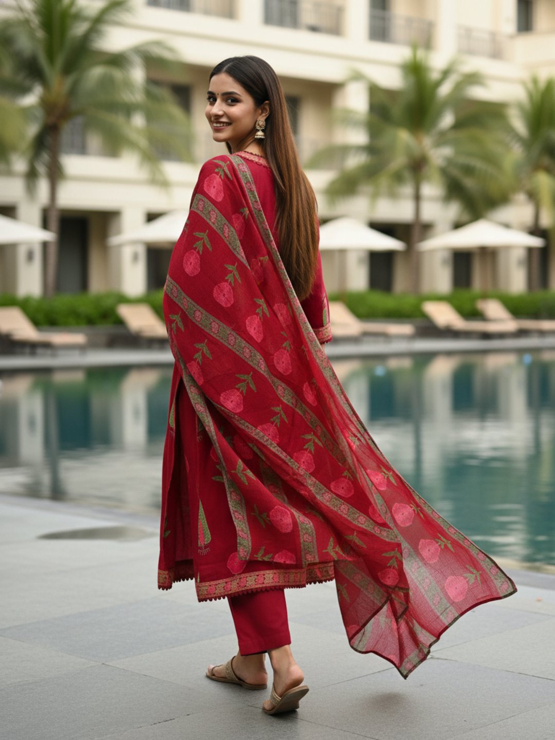 Floral Printed & Crochet Lace Anarkali Kurta with Pant & Dupatta - Maroon