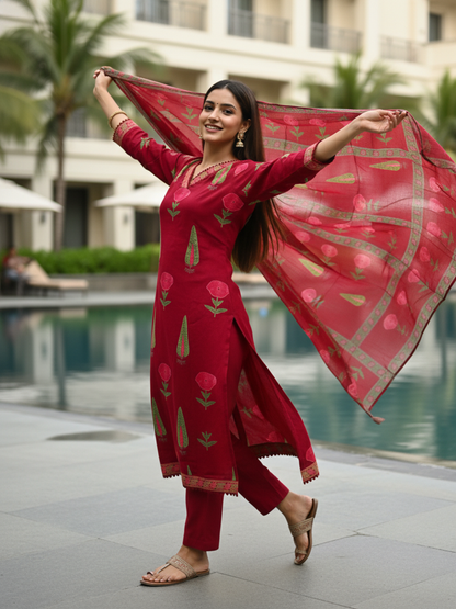 Floral Printed & Crochet Lace Anarkali Kurta with Pant & Dupatta - Maroon