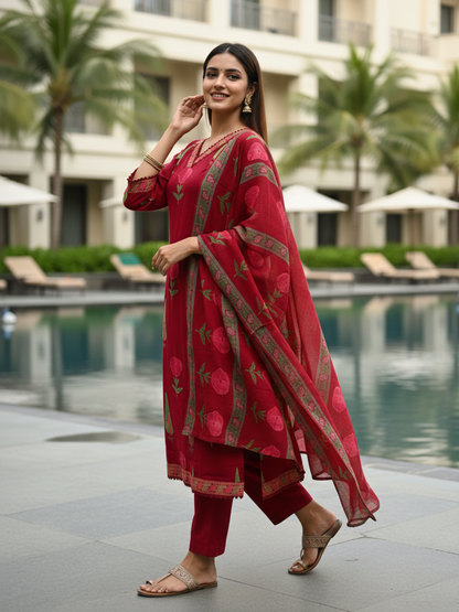 Floral Printed & Crochet Lace Anarkali Kurta with Pant & Dupatta - Maroon