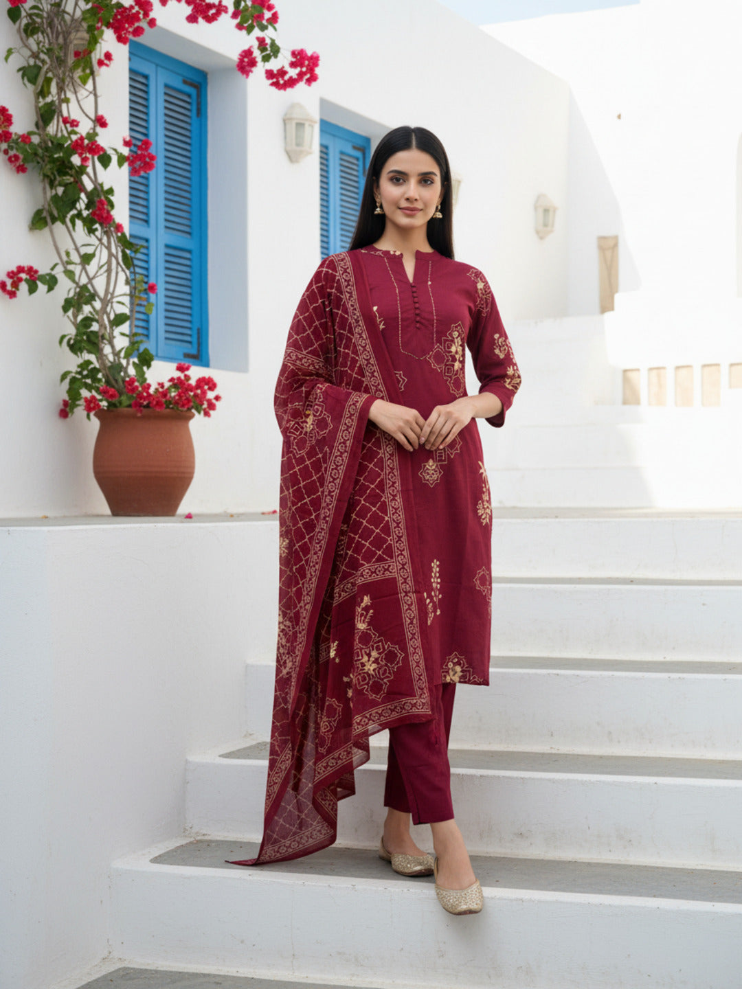 Ethnic Print Straight Cotton Kurta with Pyjama & Printed Voile Dupatta - Maroon