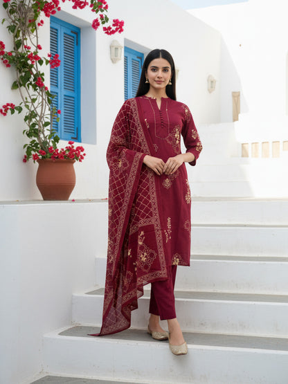 Ethnic Print Straight Cotton Kurta with Pyjama & Printed Voile Dupatta - Maroon