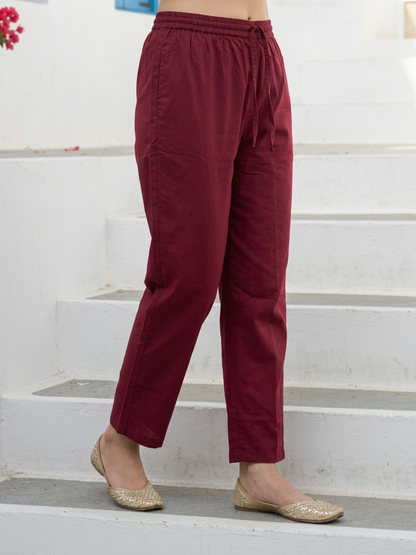 Ethnic Print Straight Cotton Kurta with Pyjama & Printed Voile Dupatta - Maroon