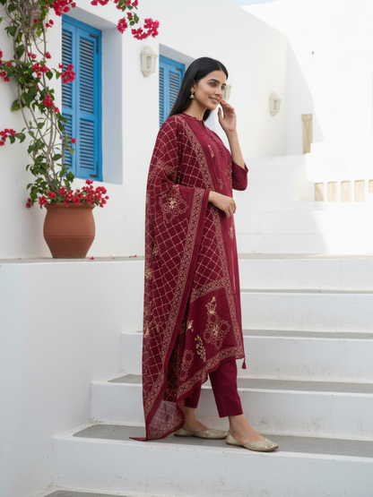 Ethnic Print Straight Cotton Kurta with Pyjama & Printed Voile Dupatta - Maroon