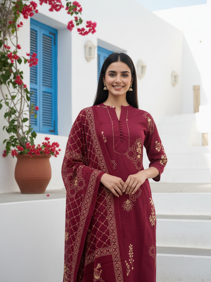 Ethnic Print Straight Cotton Kurta with Pyjama & Printed Voile Dupatta - Maroon